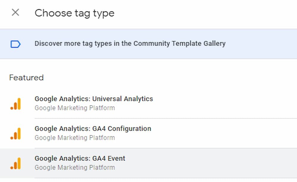 GA4 Event Tag Type Selection