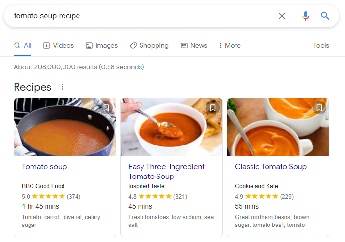 Structured Data Search Results for Tomato Soup Recipes