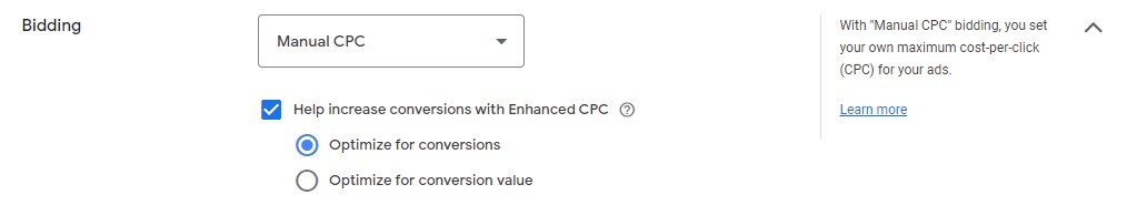 Manual CPC bidding options.