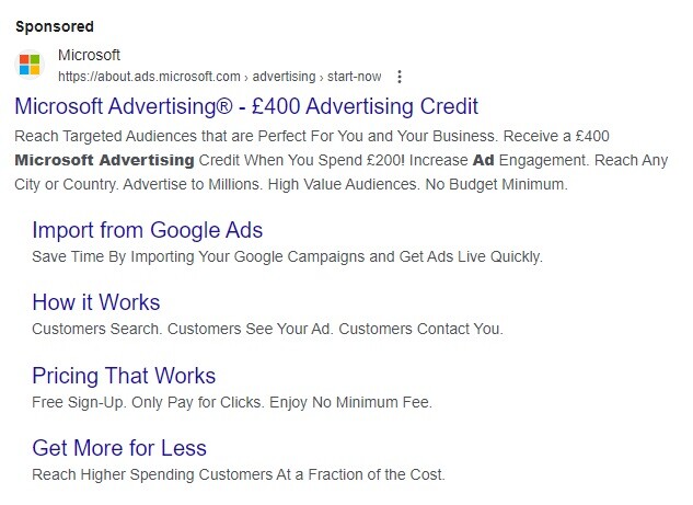 Microsoft Advertising paid ad example with full sitelinks