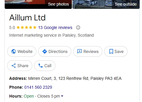 Aillum's Google Business Profile Listing