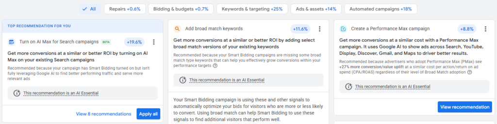 Recommendations to improve optimisation score in Google Ads.